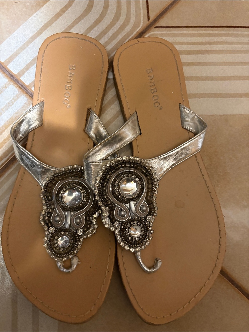 BAMBOO Silver Jeweled Toe-Post Sandals